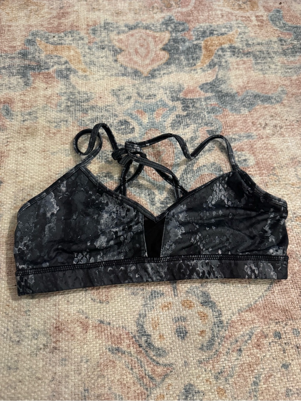 ALO Yoga Black Strappy Lace-Texture Bralette